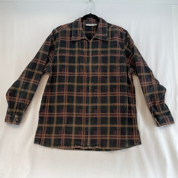 Weekend Edition Plaid Corduroy Zip Jacket Shirt Green Tan Men’s Large - Picture 1 of 12